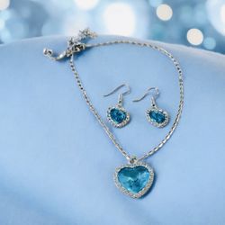 Blue Heart Shaped Necklace And Earrings Set