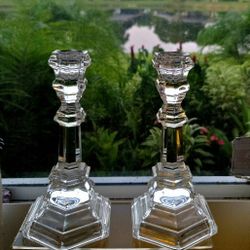 20th Century Pair Tiffany & Co Plymouth Crystal Candle Sticks 8" Tall 