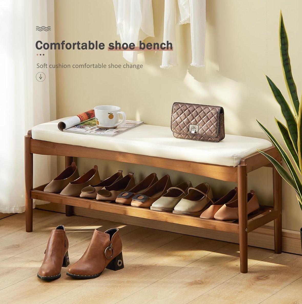 Shoe Rack Bench Entryway Bamboo Shoe Storage Bench with Leather Cushion 2 Tiers Shoe Rack Entryway Bench for Hallway, Living Room,Bedroom(Beige Bench