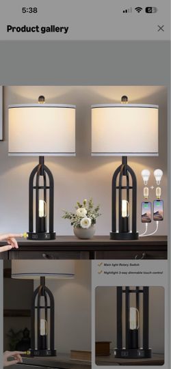 27" Black Table Lamp for Living Room,Black Table Lamps Set of 2 with USB & AC Outlet, 3-Way Dimmable Farmhouse Lamps for Night Stands, Vintage Bedside