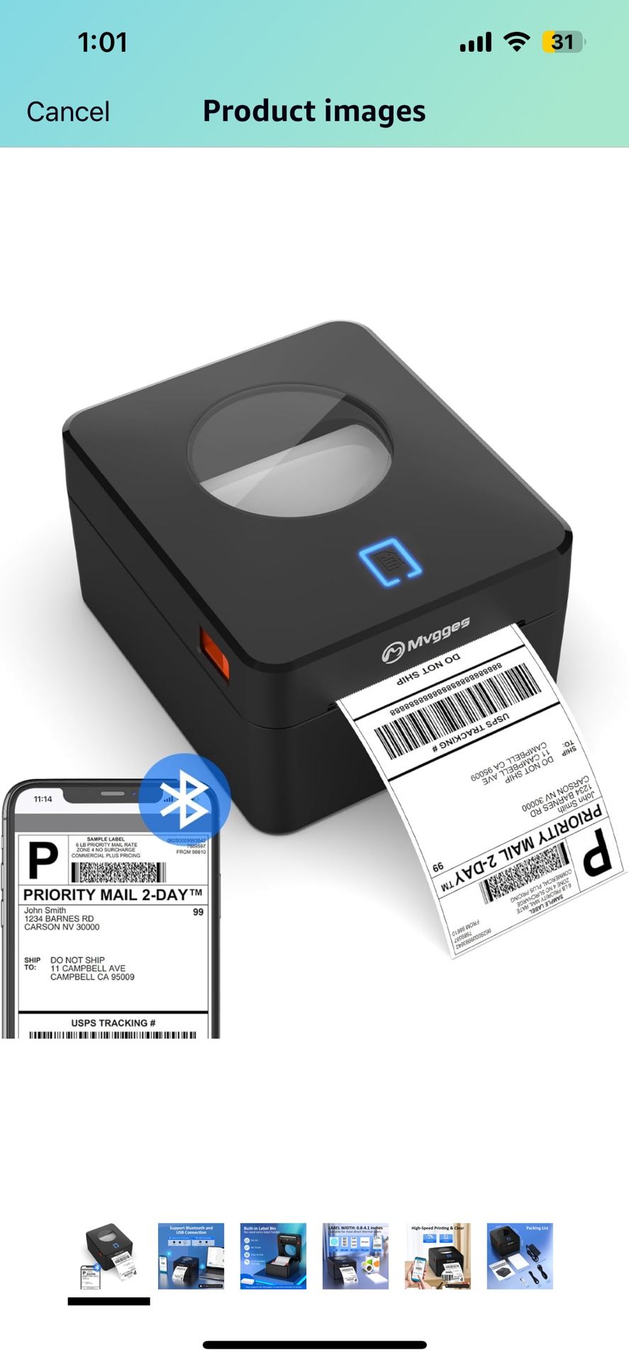 Mvgges Bluetooth Thermal Shipping Label Printer, 4x6