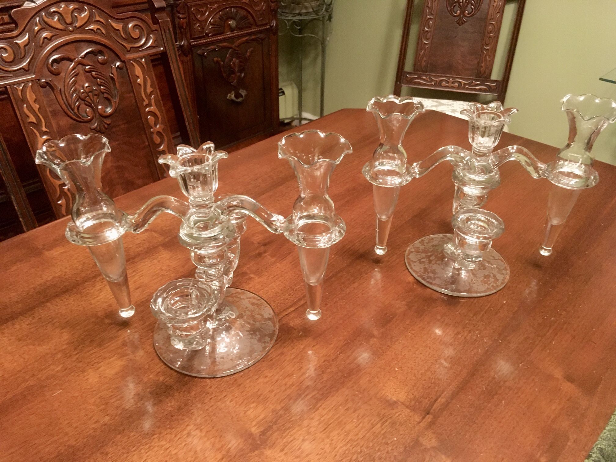 1948 VINTAGE-CAMBRIDGE ARMS IMPERIAL GLASS CO. CRYSTAL GLASS 3-ARM CANDELABRA AND TWO VASES.     Set of two candelabras… one in perfect condition and 