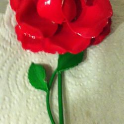 Vintage Large Huge Red Green Metal Single Rose Brooch Pin
