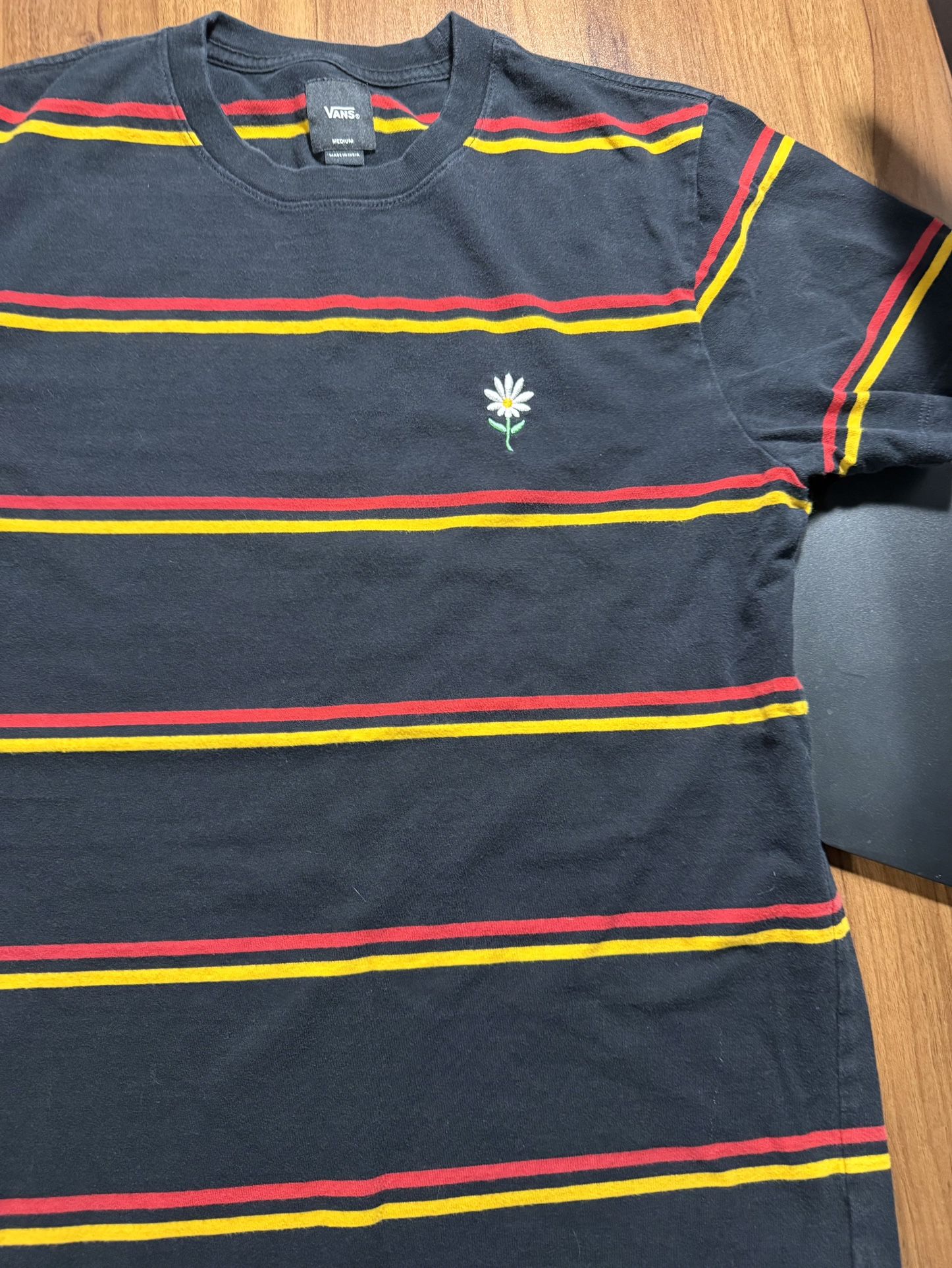 Vans Men’s Medium Striped T-Shirt Black Red Yellow Daisy Embroidered
