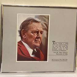 ALABAMA football Coach Bear Bryant framed photo Quote Birmingham Post Herald ‘82