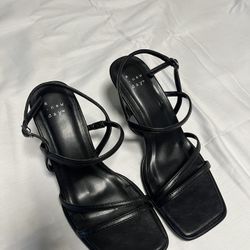 Black leather square toe sandals with adjustable ankle straps