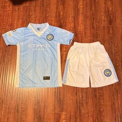 Manchester City 2021-22 Home Soccer Kids/Youth Jersey/Shorts Preowned Read Info! 