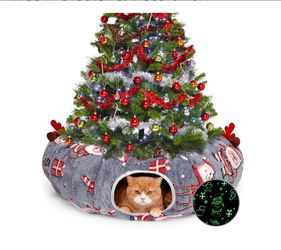 Cat Tunnel Christmas Tree Skirt, Cat Tunnel Bed, Cat Donut Tunnels Bed for Indoor Cats, with Washable Cushion, Hanging Toy Ball, Christmas Tree Protec