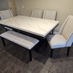 New Dining Set White Faux Marble Top W/ Fabric Light Grey 4 Chairs & Bench $849 