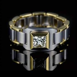 Elegant Two Tone Square Pattern With One Cubic Zirconia Engagement, Wedding Men's Ring, Size 13