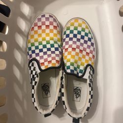 Barely Worn Rainbow Checkered Vans Slip Ons. Women’s Size 6. $10 Or Best Offer. 