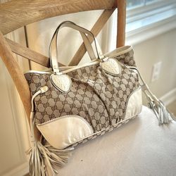 Authentic GUCCI Tribeca Tassel Tote Bag GG Canvas Leather in Off White