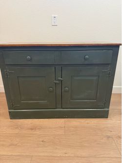 Rustic Green Cabinet with Wood Top & Drawers