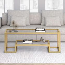 Henn&Hart 45" Rectangular Coffee Table with Glass Top and Raised Lower Shelf for Living Room, Family Room, or Office, Gold
