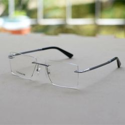 Rimless titanium eyeglasses men's silver Rectangular rimless glasses frame