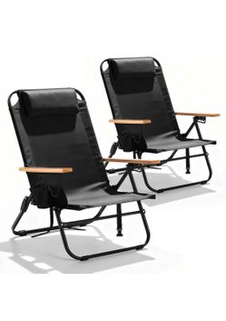 2 Pack Premium Reclining Camping Chair - Portable Folding Lightweight Outdoor Chair with Wooden Armrests, Headrest & Pockets, 350lbs Heavy Duty for Be