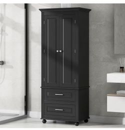 Newly assembled Tall Wood Storage Cabinet with Two Storage Drawers, Modern Freestanding Storage Cabi