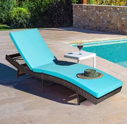 Wicker Reclining Chaise Lounge with Turquoise Cushion
