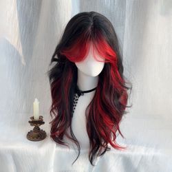 24 inchw Black/Red Curly Wave wig