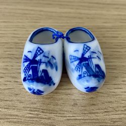 Mini Pair Dutch Shoes Delft Blue Windmills Porcelain Holland Clog Hand Painted