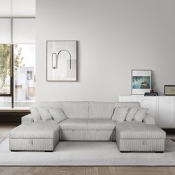 New Corduroy Sectional With Pullout Bed / Chaise Storage.  123x62x36x36H.  Free Delivery!