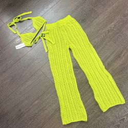 New Lime Green Crochet Pants Set