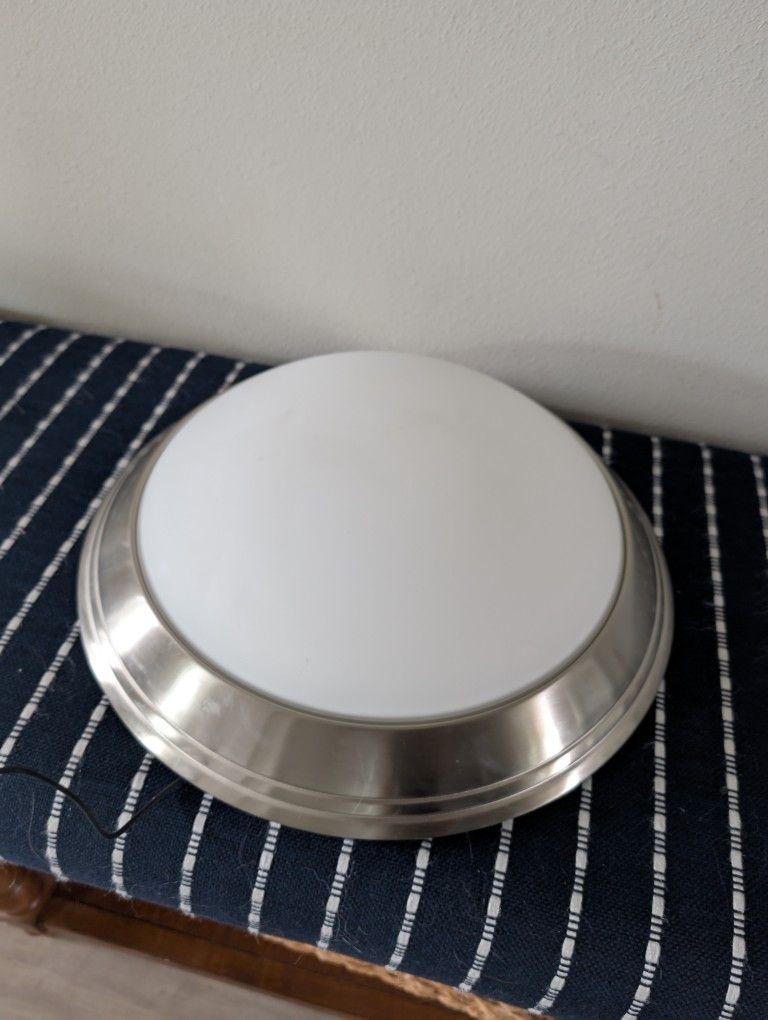 14 in. 2-Light Brushed Nickel Flush Mount with Round White Glass Shade