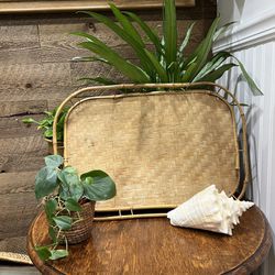 Vintage Bamboo Woven Serving Tray Display Plant Organizer Boho Retro Coastal Jungalow