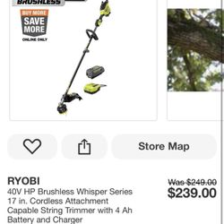 RYOBI 40V HP Brushless Whisper Series 17 in. Cordless Attachment Capable String Trimmer with 4 Ah Battery and Charger