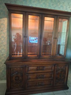 Vintage Spanish Rivival Oak China Cabinet and buffet hutch