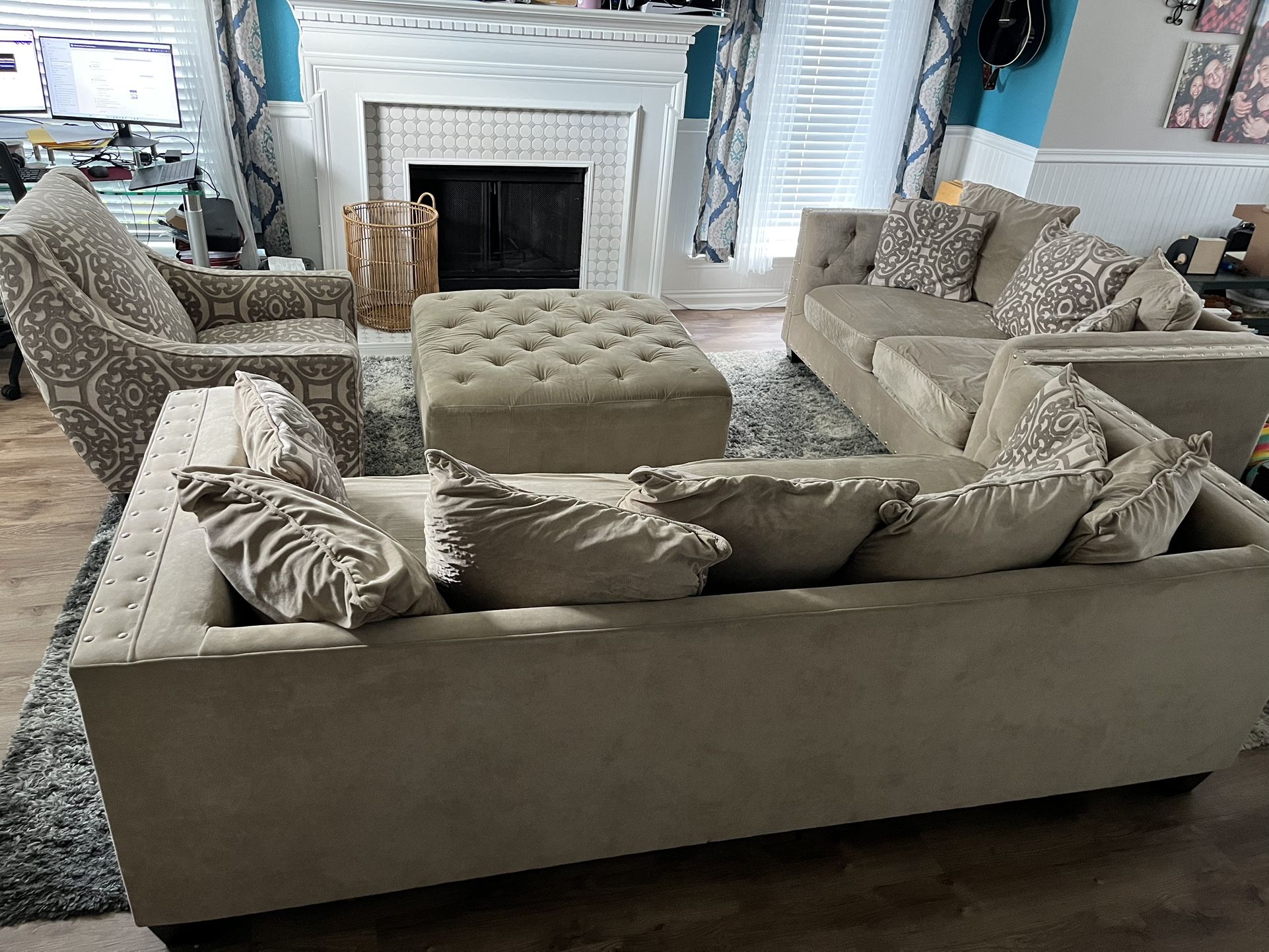6 piece set Beige Sofa Set with Ottoman, Accent chair, and two end tables