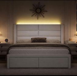 Full Upholstered Bed Frame with Headboard and LED Lights, Modern Faux Leather Bed Frame with Wooden Slats Support and Heavy Duty Mattress Foundation, 