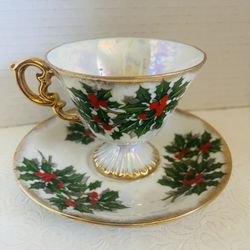 1950's Japan Ucagco Christmas footed Holly Berry iridescent Pedest Cup & Saucer