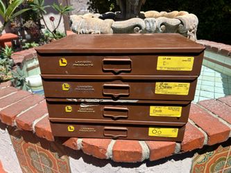 Vintage Lawson Products Metal Parts Storage Cabinets Lot of 4 – Industrial Hardware Organizer Drawers, Fasteners, O-Rings, Wire Connectors, Shop Garag