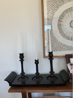 Taper Candle Decor Display wood Tray with Candle stick holders