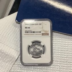 1953 Cambodia 20 Centimes beautiful coin NGC graded Nearly superb Gem Uncirculated Ms-66!~(IVID#1240/LSR//OFRUP)