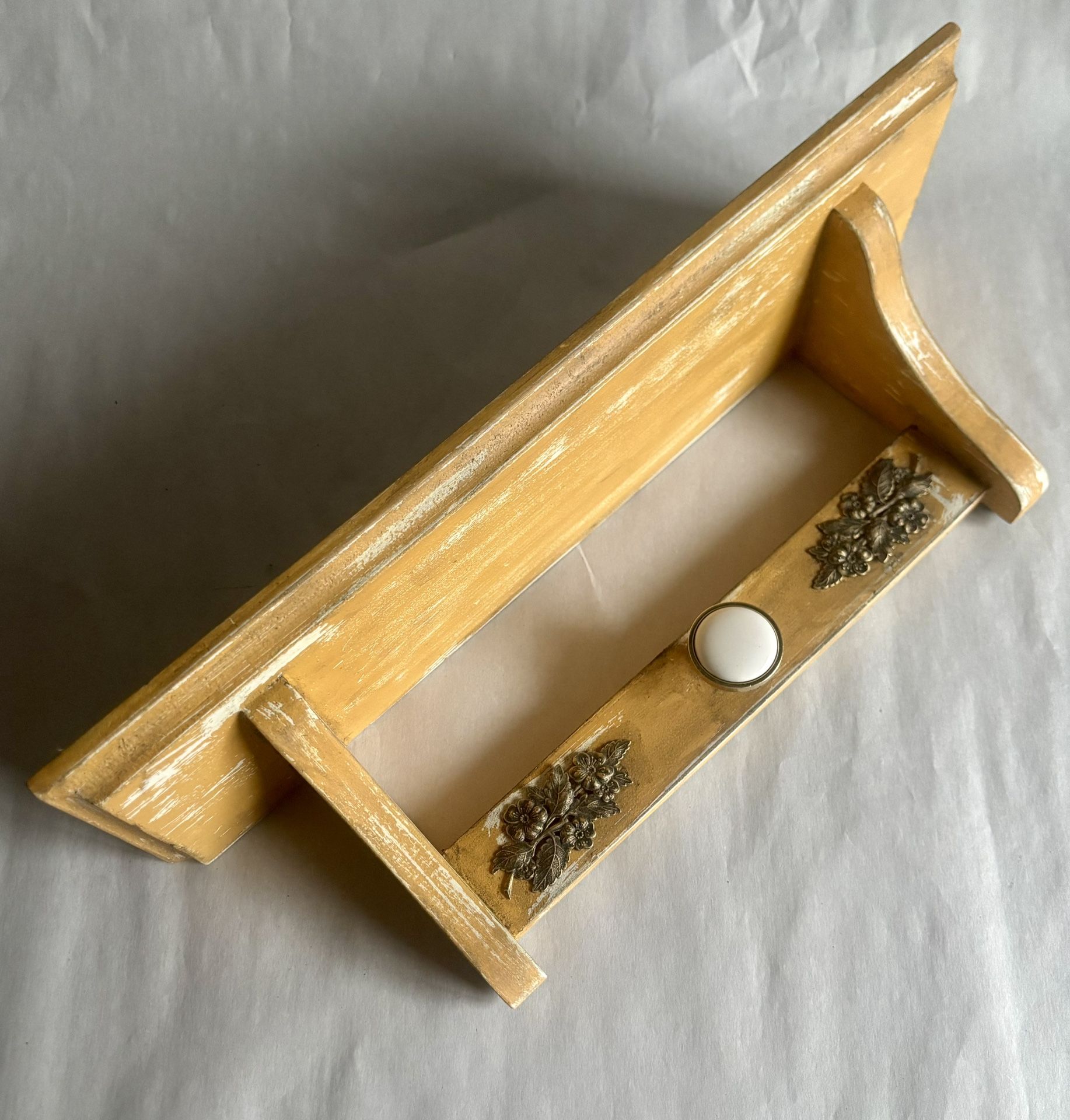 Upcycled Rustic Yellow Hobby Lobby Shelf With Metal Appliqués And A Centered Knob