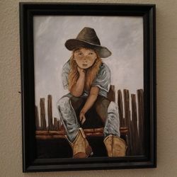 Vintage 70s Cowgirl on the Fence Oil Painting
