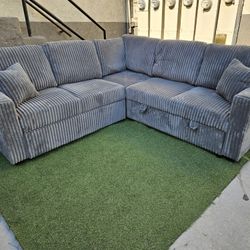 Brand New Sectional Pull OUT Bed With STORAGE USB OUTLET SOFT CORDUROY GREY