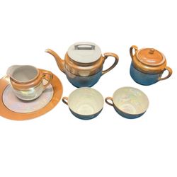 Vtg Noritake Japan Lusterware Teapot Teacups Saucers Orange Cream  Rose Set 6 Pc