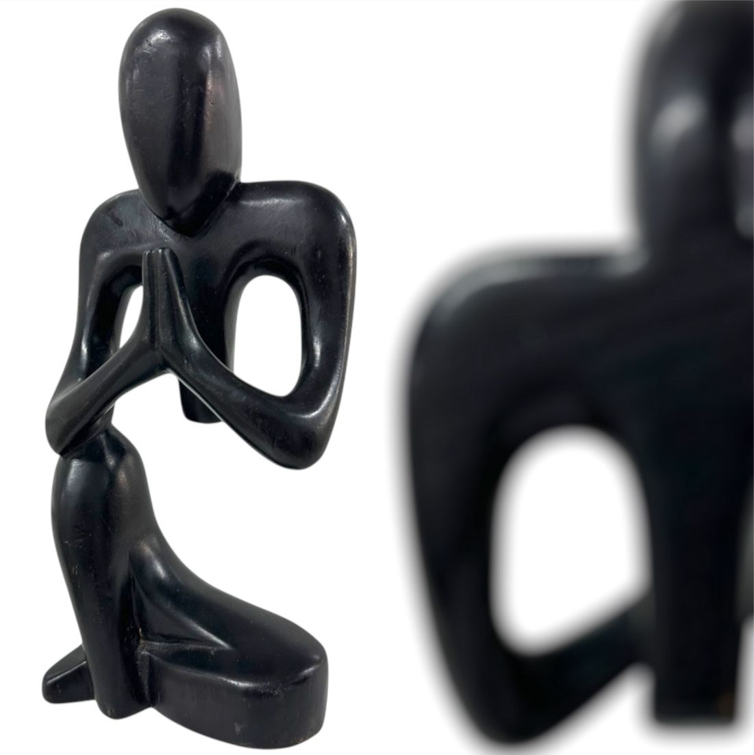 Abstract Minimalist Black Wood Carved Praying Figure Meditation Yoga Zen Decor