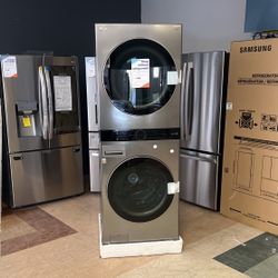 LG Tower 4.5 Cu Ft Front Load Washer & 7.4 Cu Ft Gas Dryer In Graphite Steel 