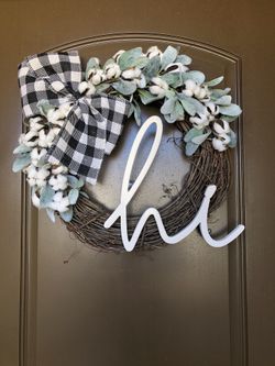 Farmhouse Style Wreath with Cotton Balls, Lambs Ear, Burlap Buffalo Plaid Bow, and Rustic “hi” Sign