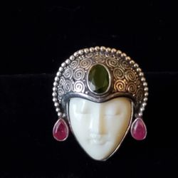 Carved Ivory Emerald & Ruby Sterling Silver Ring $125