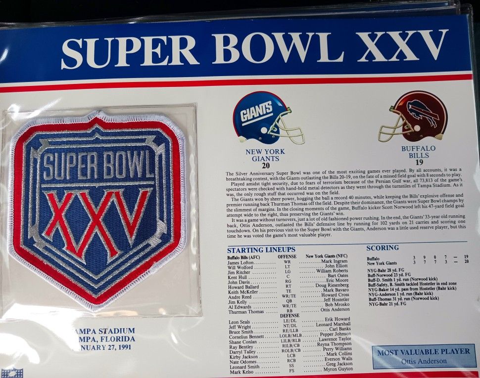 January 27, 1991 Nfl Football New York Giants Buffalo Bills Super Bowl XXV (25) Patch