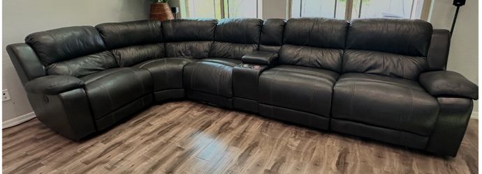 Premium Gray Leather Reclining Sectional Sofa - 2 Power Recliners + 1 Manual