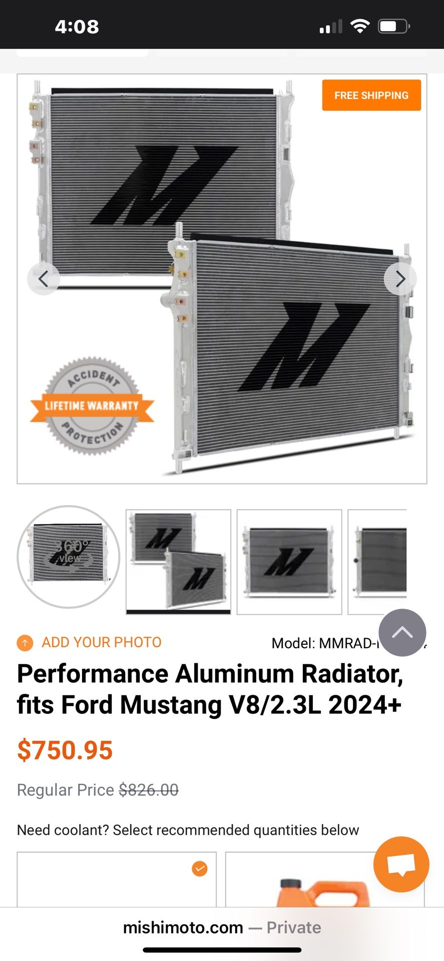 Mishimoto aluminum radiator 2024 Mustang Gt, dark horse, eco-boost