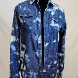 Vintage Denim Bleach Washed Pearl Button Up Long Sleeve Shirt Sz XS