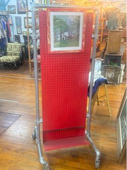 Vintage Industrial Rolling Pegboard Display Rack Red Metal Pipe Stand