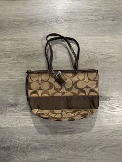Vintage Coach Womens Signature Stripe Jacquard Canvas Brown Leather Tote Bag